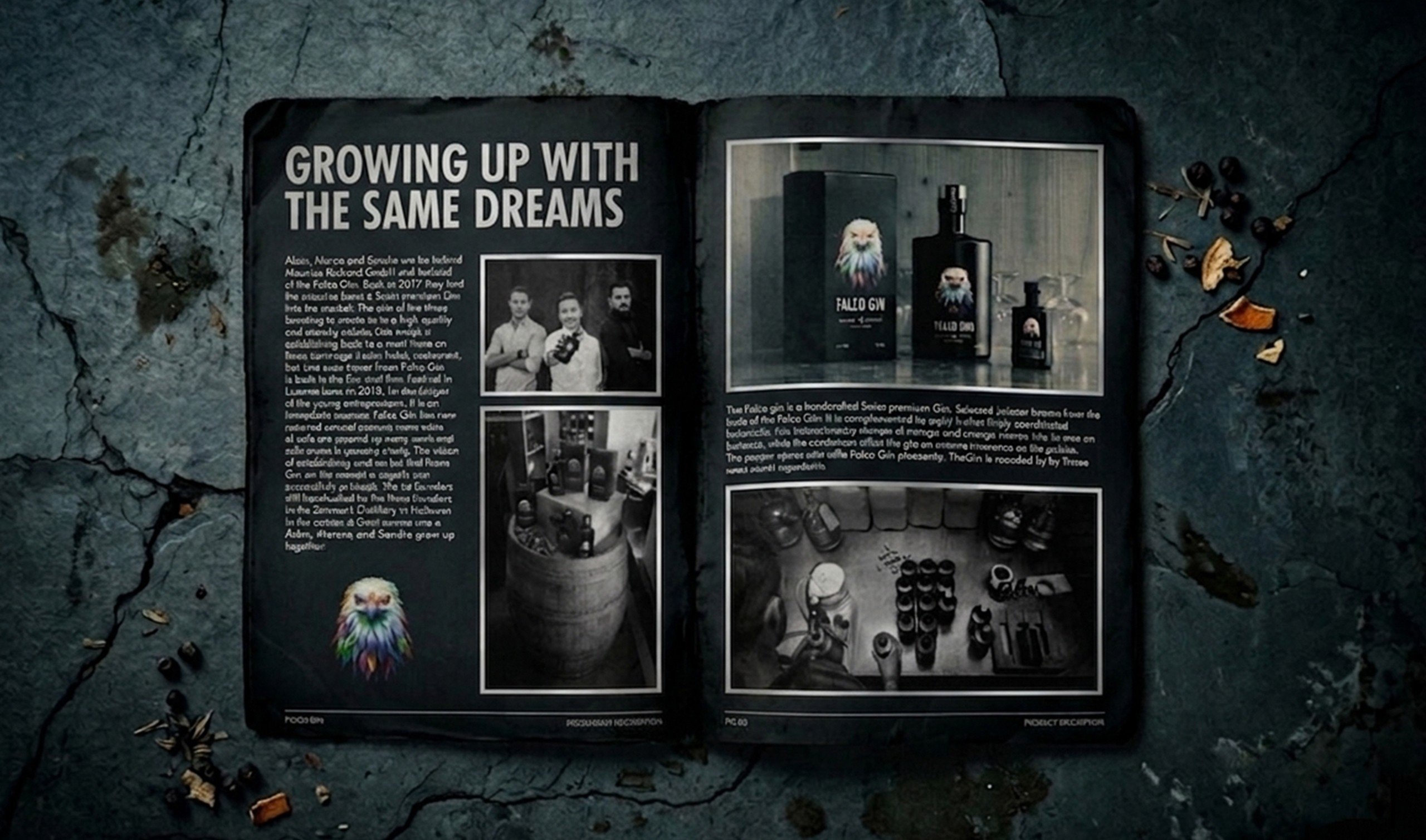 Falco Gin print design — editorial booklet spread premium spirit visual identity