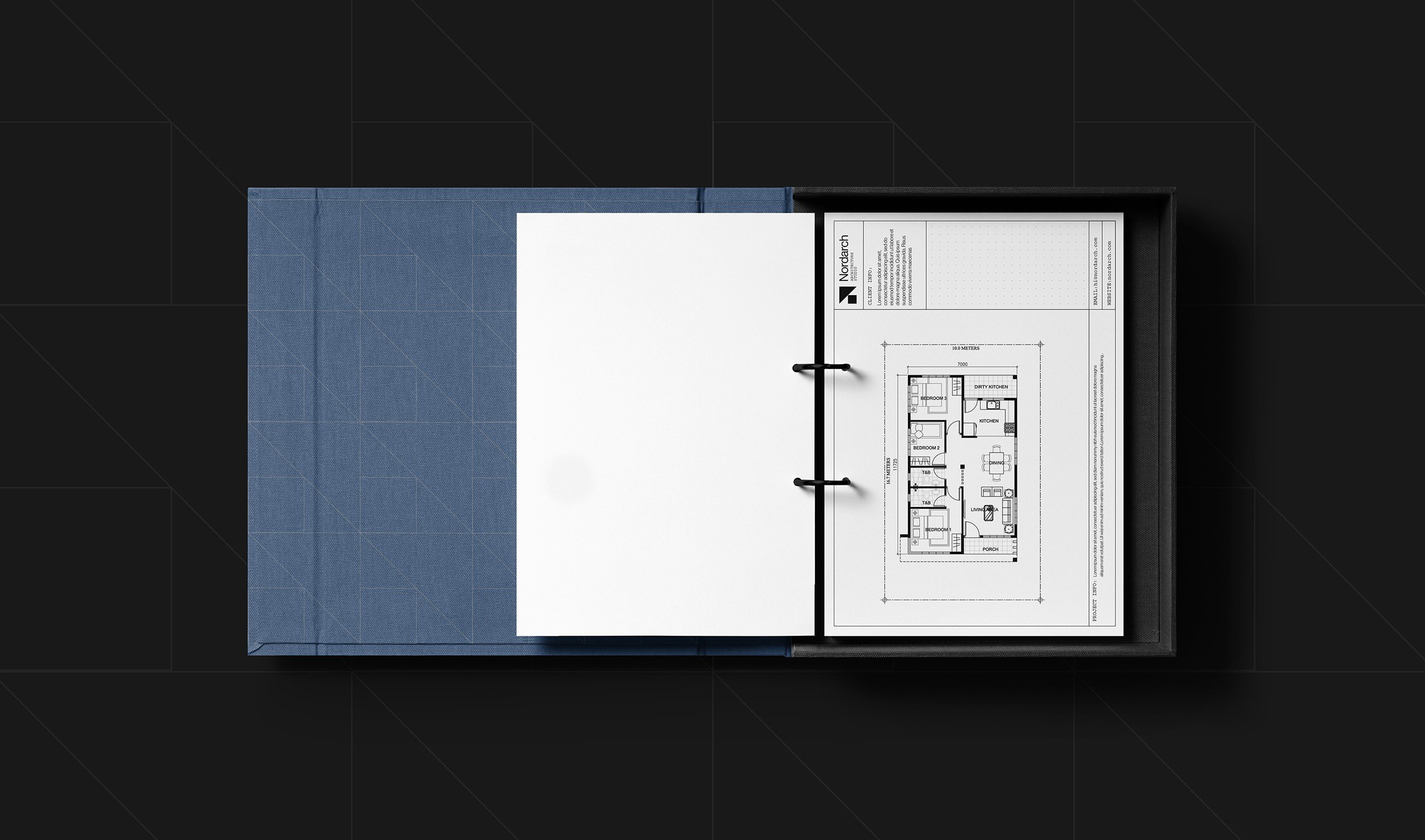 Nordarch Studio creative direction — architectural blueprint and logo design Nordic minimalism