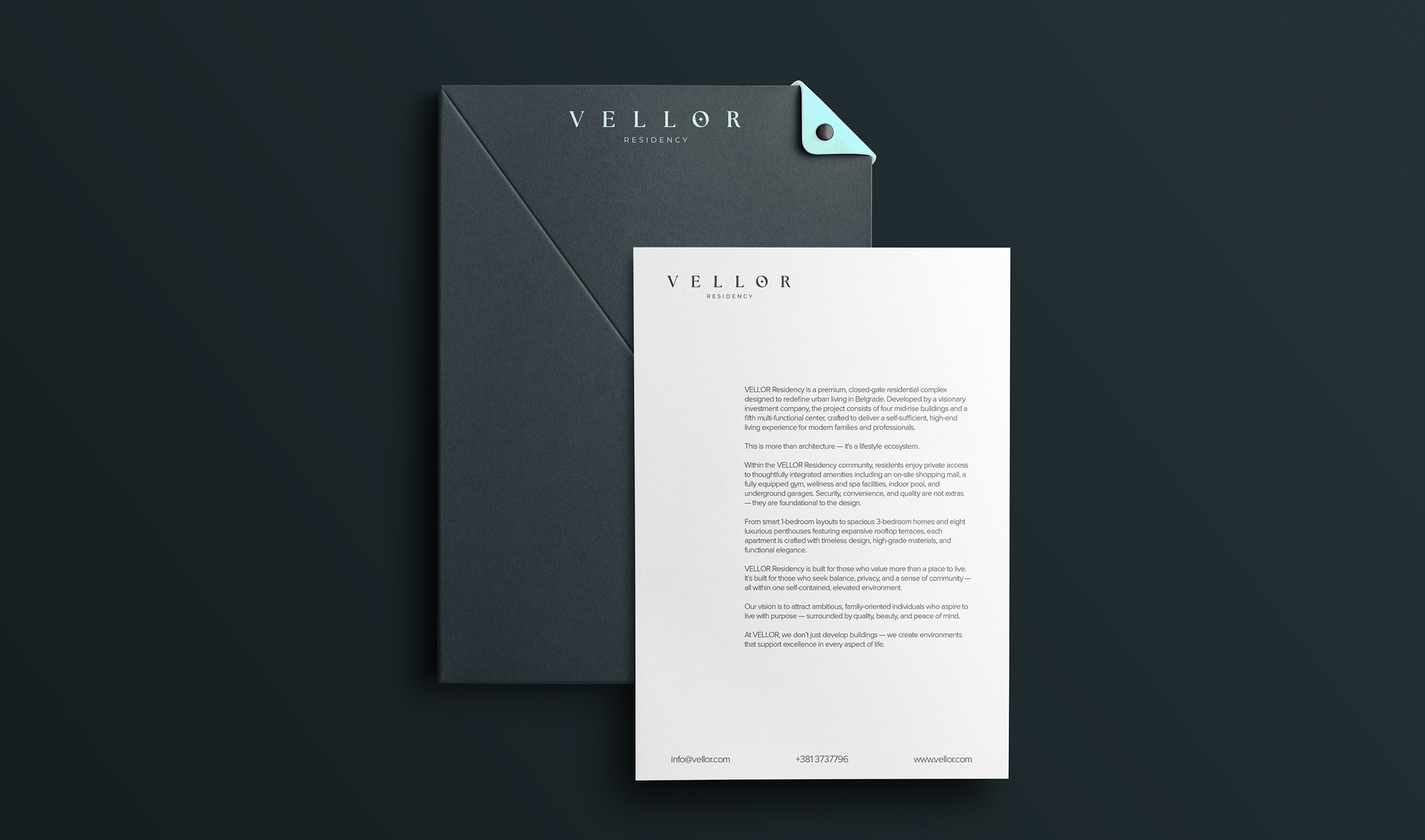 Vellor Residency brand identity โ print materials and document design premium residential 2025