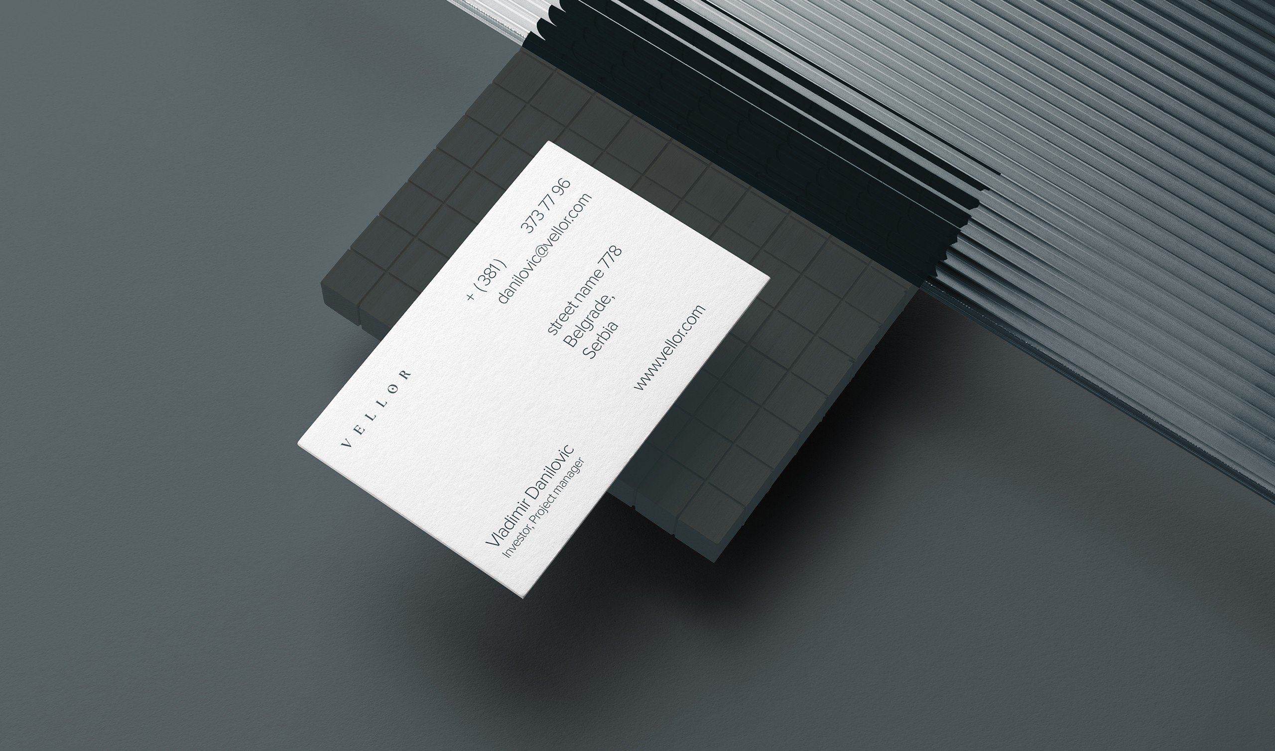 Vellor Residency brand identity โ business card and stationery design luxury residential complex