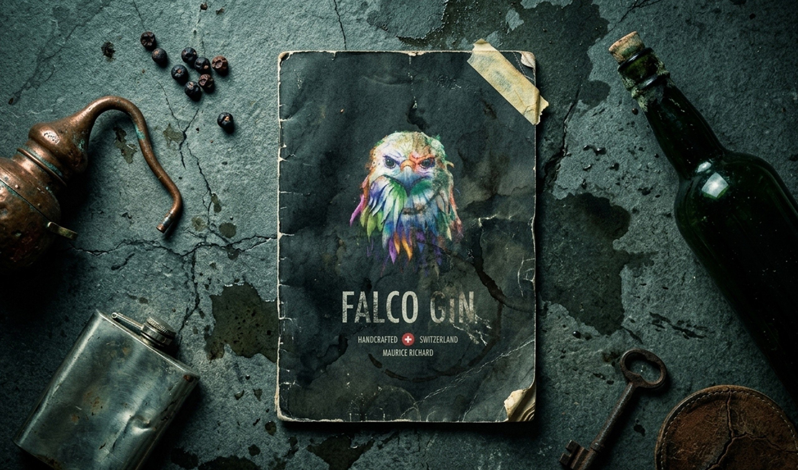 Falco Gin art direction — atmospheric brand photography Swiss handcrafted gin identity
