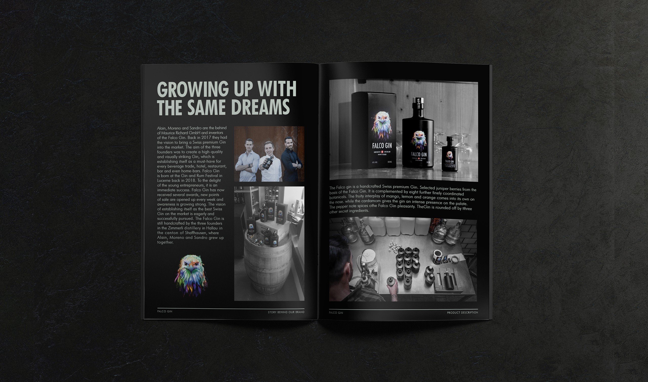 Falco Gin print design — luxury booklet spread editorial layout Swiss premium spirit