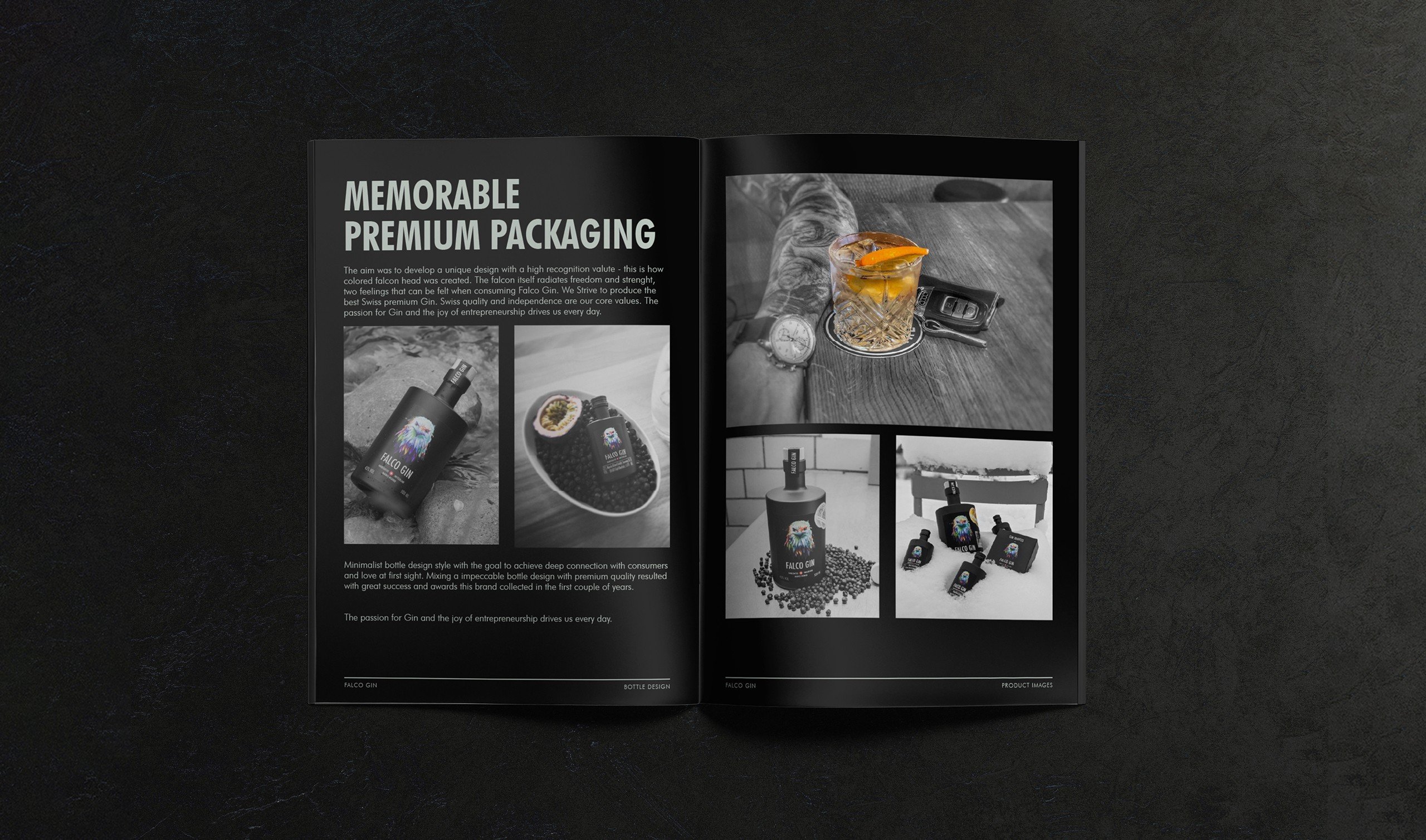 Falco Gin editorial design — multi-page print booklet art direction premium gin branding