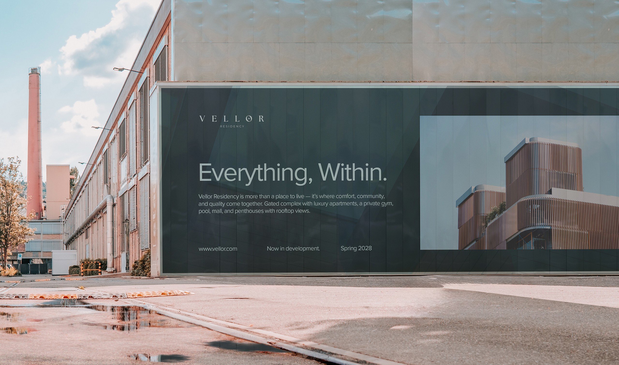 Vellor Residency brand identity — premium residential complex outdoor advertising art direction