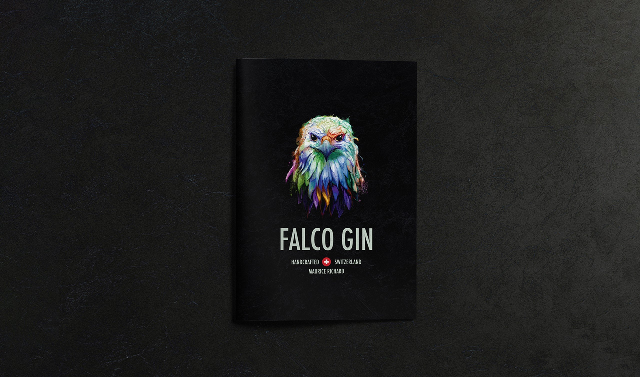 Falco Gin editorial design — premium print booklet character illustration art direction